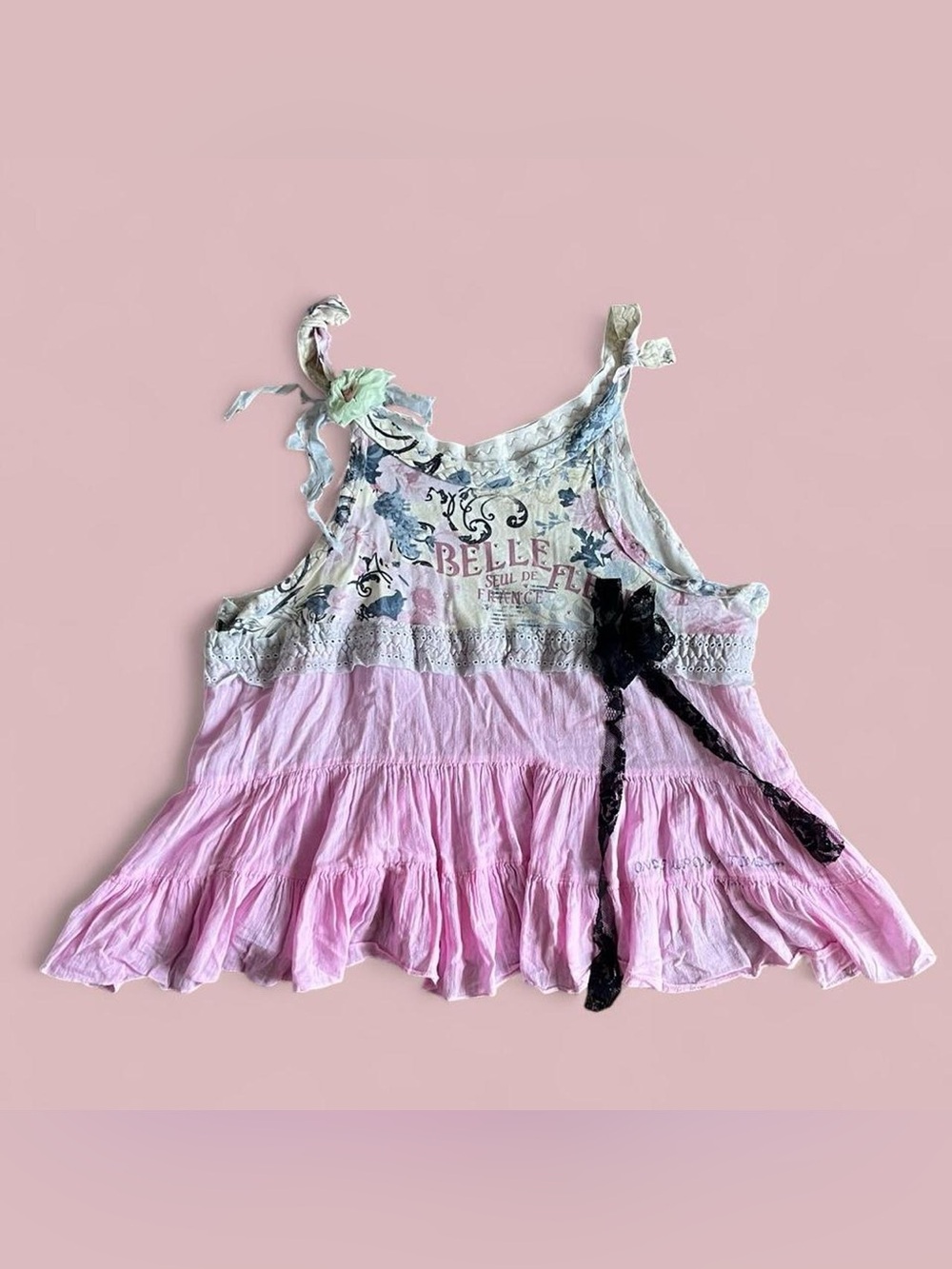 Whimsy Twee 2000s Pink fairy handmade babydoll tank top with lace trim XL